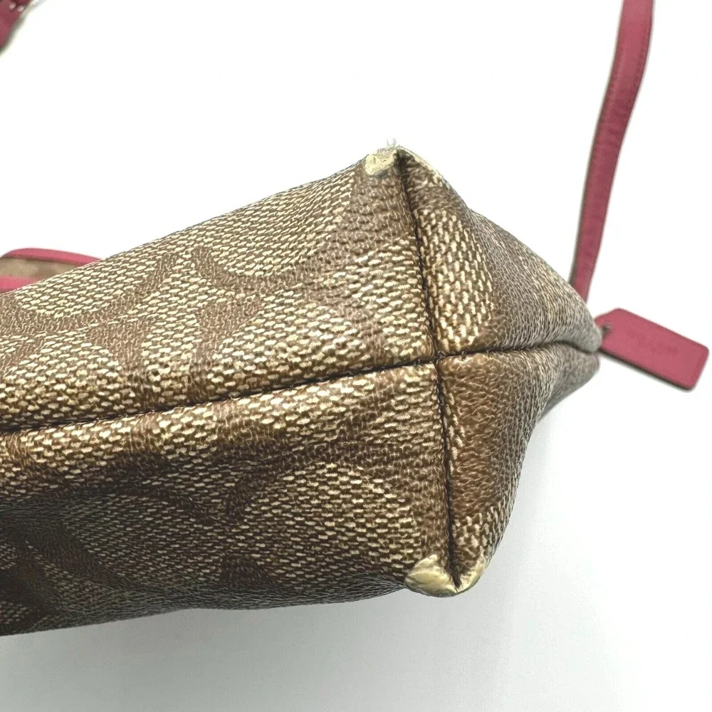 COACH Authentic Signature Shoulder Cross Body Bag Vegan Leather Brown Pink Purse